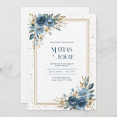 Dusty Blue Rose & Gold Botanische Hochzeit Einladung (Vorne/Hinten)