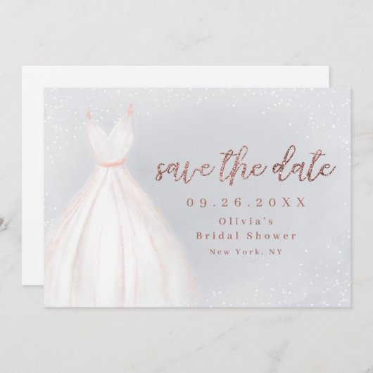 Dusty blue Rose Gold Elegantes Kleid Save the Date (Vorne/Hinten)