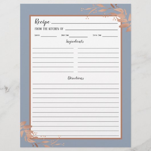 Dusty Blue Rose Gold Foliage Recipe Binder Page (Vorderseite)