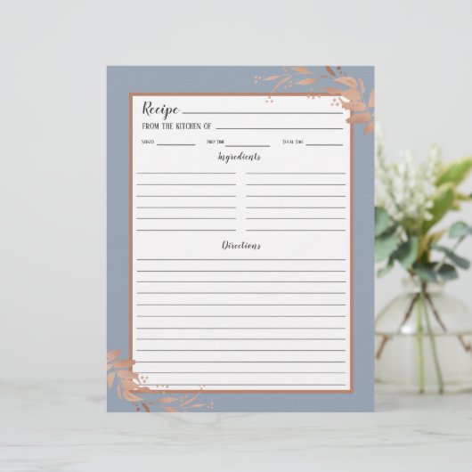Dusty Blue Rose Gold Foliage Recipe Binder Page (Stehend Vorderseite)