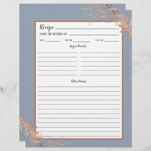 Dusty Blue Rose Gold Foliage Recipe Binder Page (Vorne/Hinten)