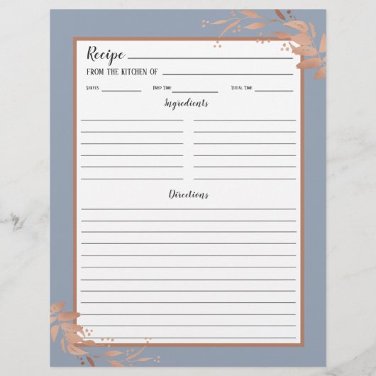 Dusty Blue Rose Gold Foliage Recipe Binder Page (Rückseite)