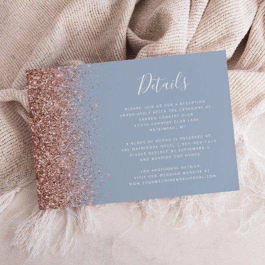 Dusty Blue Rose Gold Glitzer Hochzeitdetails Begleitkarte