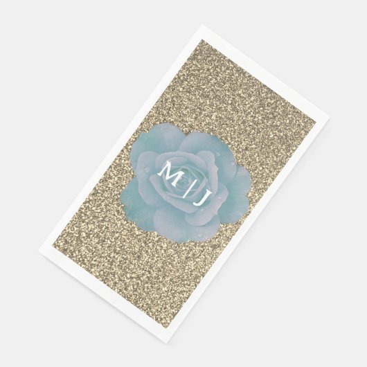 Dusty Blue Rose Gold Glitzer Monogram Cool Wedding Serviette (Ecke)
