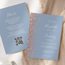Dusty Blue Rose Gold Glitzer QR Code Wedding Einladung