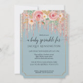 Dusty Blue Rose Gold Glitzer Rosa Blumensprinkle Einladung (Vorderseite)