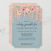 Dusty Blue Rose Gold Glitzer Rosa Blumensprinkle Einladung (Vorne/Hinten)