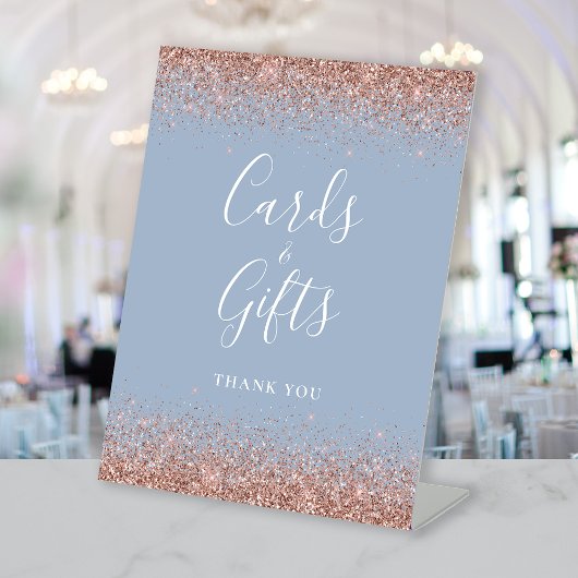 Dusty Blue Rose Gold Glitzer Wedding Cards Geschen Sockelschild
