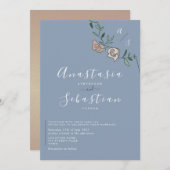 Dusty Blue Rose Gold Pink Floral Wedding Einladung (Vorne/Hinten)