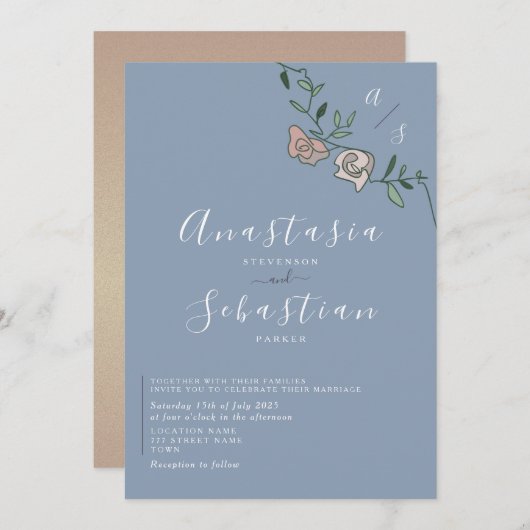 Dusty Blue Rose Gold Pink Floral Wedding Einladung (Vorne/Hinten)