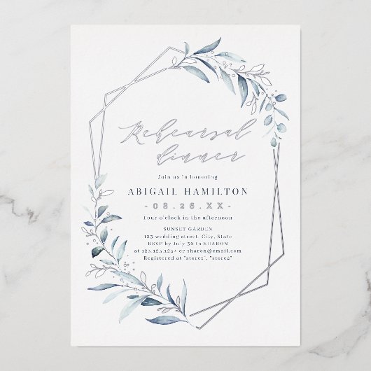 Dusty Blue Rose Gold Rustikale Probe Abendessen Fo Folieneinladung (Vorderseite)