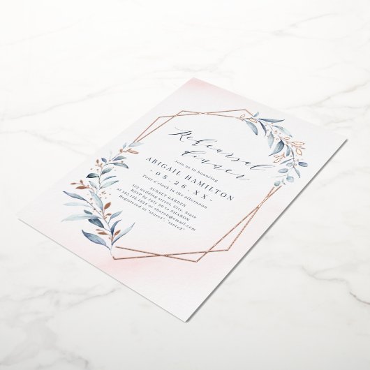 Dusty Blue Rose Gold Rustikale Probe Abendessen Folieneinladung (Gedreht)