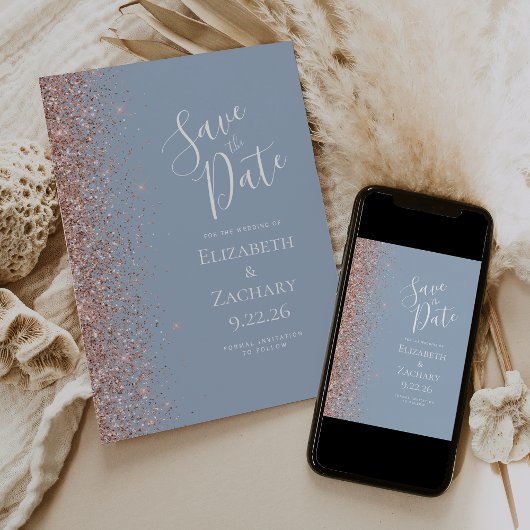 Dusty Blue Rose Gold Save the Date Ankündigung