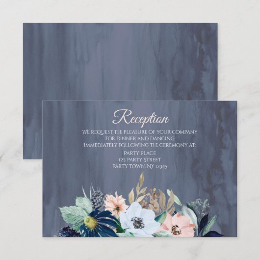 Dusty Blue Rose Gold Watercolor Empfang Card Einladung (Vorne/Hinten)