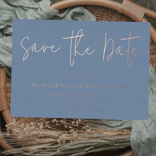 Dusty Blue & Rose Gold Wedding Save the Date Folieneinladung