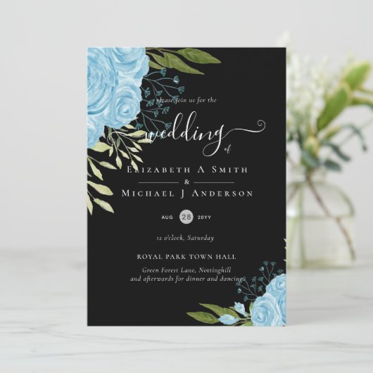Dusty Blue Rose Hochzeitbudget Einladung (Stehend Vorderseite)