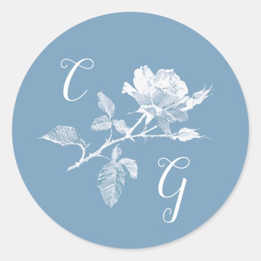 Dusty Blue Rose Line Art Monogram Wedding Runder Aufkleber (Vorderseite)