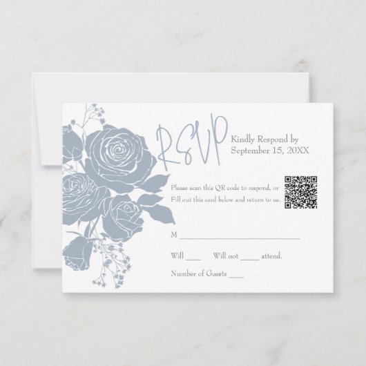 Dusty Blue-Rose mit QR-Code-Antwortkarte RSVP Karte (Vorderseite)