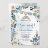 Dusty Blue Rose mit Tiara Country Quinceañera Einladung (Vorne/Hinten)