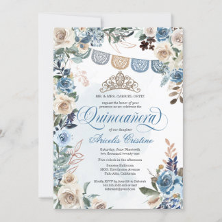 Dusty Blue Rose mit Tiara Country Quinceañera Einladung