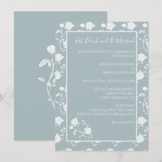 Dusty Blue Rose Probe Dinner Einladung (Vorne/Hinten)