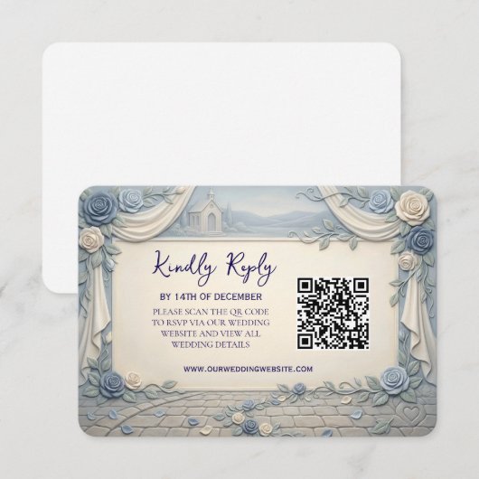 Dusty Blue Rose QR Code Wedding  RSVP Karte (Vorne/Hinten)