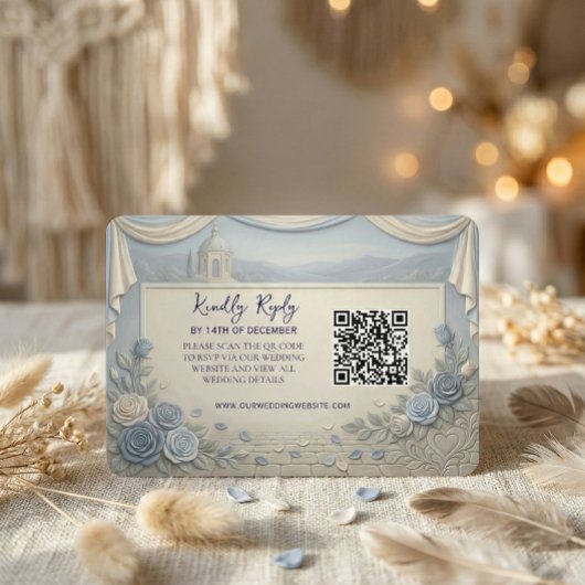 Dusty Blue Rose Romantic Wedding QR Code RSVP Karte