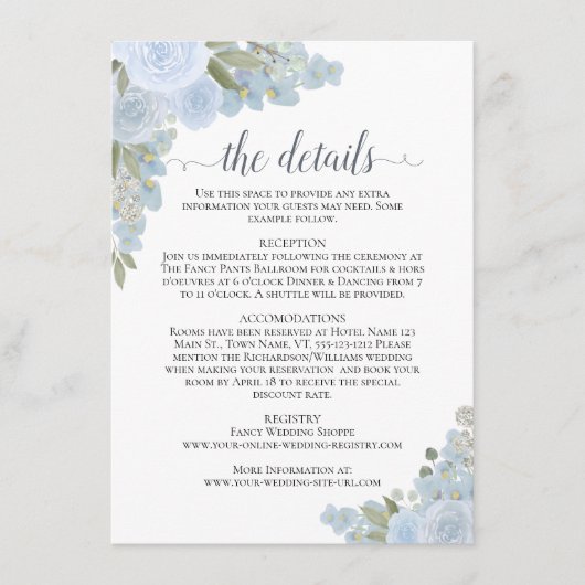 Dusty Blue Rose Rustic Boho Chic Wedding Details Begleitkarte (Vorderseite)