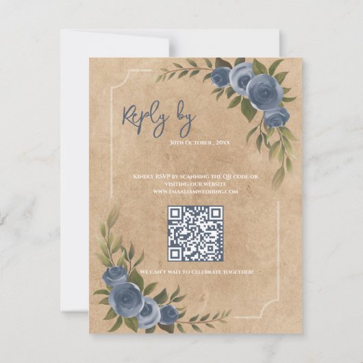 Dusty Blue Rose Rustikale Hochzeit mit QR Code RSVP Karte (Rückseite)