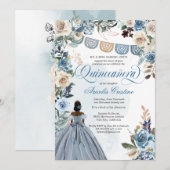 Dusty Blue Rose Rustikales Land Quinceañera Einladung (Vorne/Hinten)