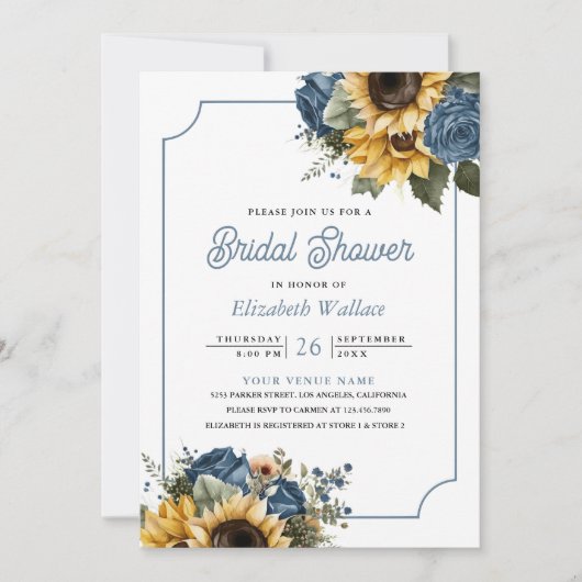 Dusty Blue Rose Sonnenblumen Foto Brautparty Einladung (Vorderseite)