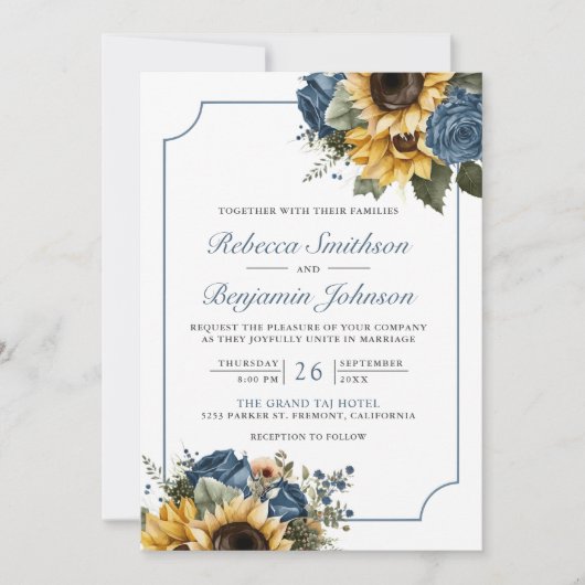 Dusty Blue Rose Sonnenblumen Foto QR Code Hochzeit Einladung (Vorderseite)