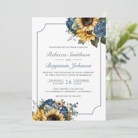 Dusty Blue Rose Sonnenblumen Foto QR Code Hochzeit Einladung (Stehend Vorderseite)