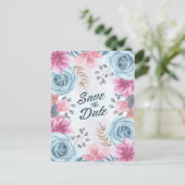 Dusty Blue Rose und Pink Floral Save the Date Postkarte (Stehend Vorderseite)