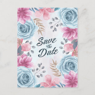 Dusty Blue Rose und Pink Floral Save the Date Postkarte