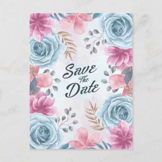 Dusty Blue Rose und Pink Floral Save the Date Postkarte (Vorderseite)