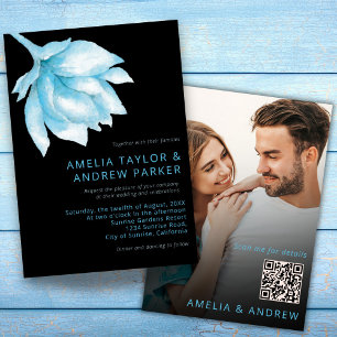 Dusty Blue Rose Watercolor QR Code Foto Hochzeit Einladung