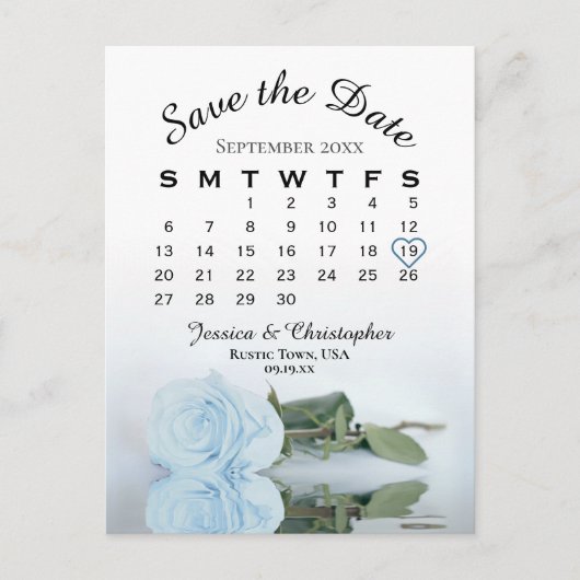 Dusty Blue Rose Wedding Calendar Save the Date Ankündigungspostkarte (Vorderseite)