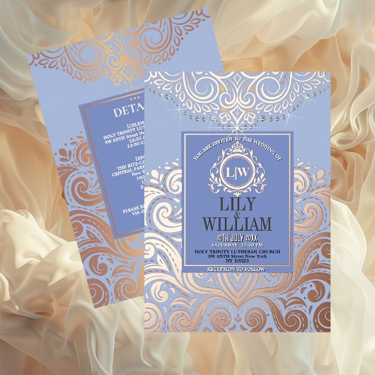Dusty Blue RoseGold Classic Monogram Boho Wedding Folieneinladung