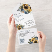 Dusty Blue Roses Sunflowers QR Code Wedding All In One Einladung (Abreißen)