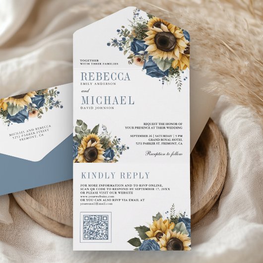 Dusty Blue Roses Sunflowers QR Code Wedding All In One Einladung
