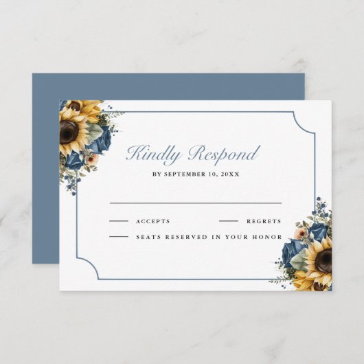 Dusty Blue Roses Sunflowers Wedding RSVP Karte (Vorne/Hinten)