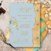 Dusty Blue Rustic Boho Gold Turquoise Wedding RSVP Karte