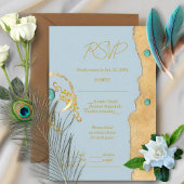 Dusty Blue Rustic Boho Gold Turquoise Wedding RSVP Karte