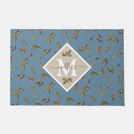 Dusty Blue Rustic Brown Blätter Familie Mit Monogr Fußmatte (Vorderseite)
