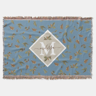 Dusty Blue Rustic Brown Blätter Mit Monogramm Decke