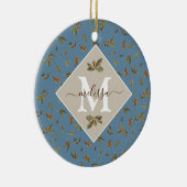 Dusty Blue Rustic Brown Blätter Mit Monogramm Keramik Ornament (Rechts)