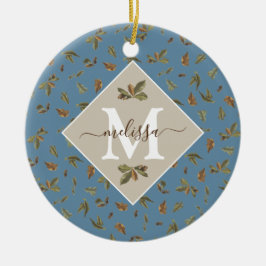 Dusty Blue Rustic Brown Blätter Mit Monogramm Keramik Ornament