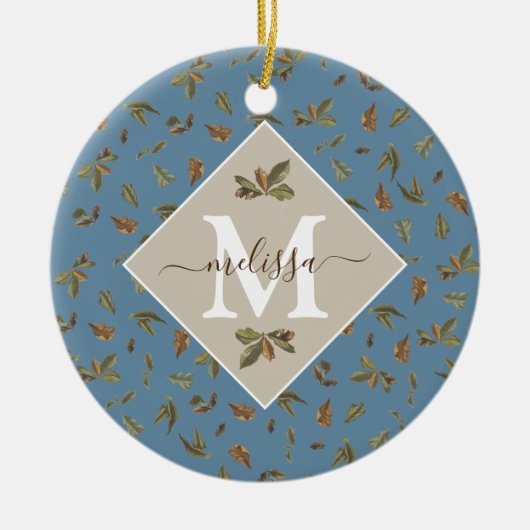 Dusty Blue Rustic Brown Blätter Mit Monogramm Keramik Ornament (Vorne)