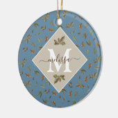 Dusty Blue Rustic Brown Blätter Mit Monogramm Keramik Ornament (Links)